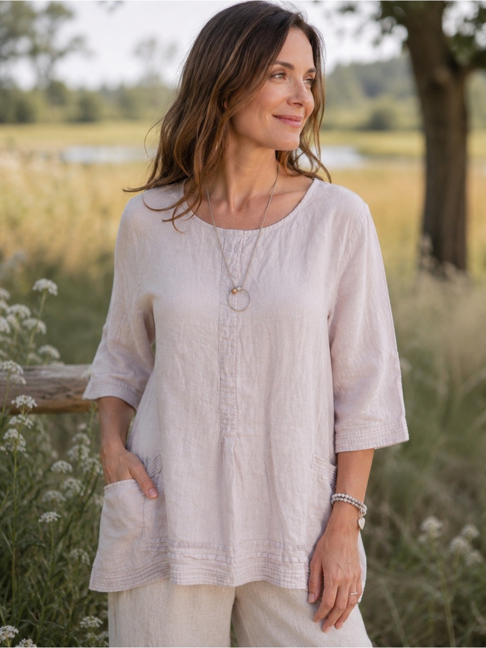 Lungo L'Arno Linen Gauze Tunic Dress Womens 1X‎ Pink Pockets Pintuck Lagenlook